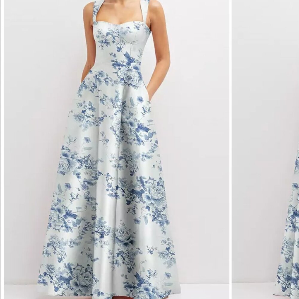 ALFRED SUNG White Maxi Dress with Blue Floral Print